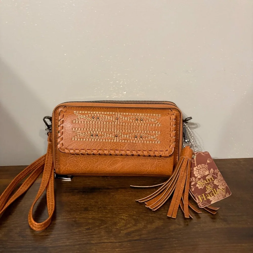 Sam & Hadley Cognac Brown‎ Vegan Leather Embroidered Beaded Crossbody Bag